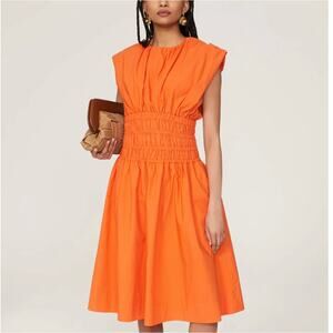 Sleeveless Orange Shirred-Waist Midi Dress